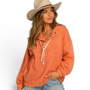 Zenana Washed Orange Hoodie Large NWT Snap Neck Pullover Soft Cozy Sweatshirt